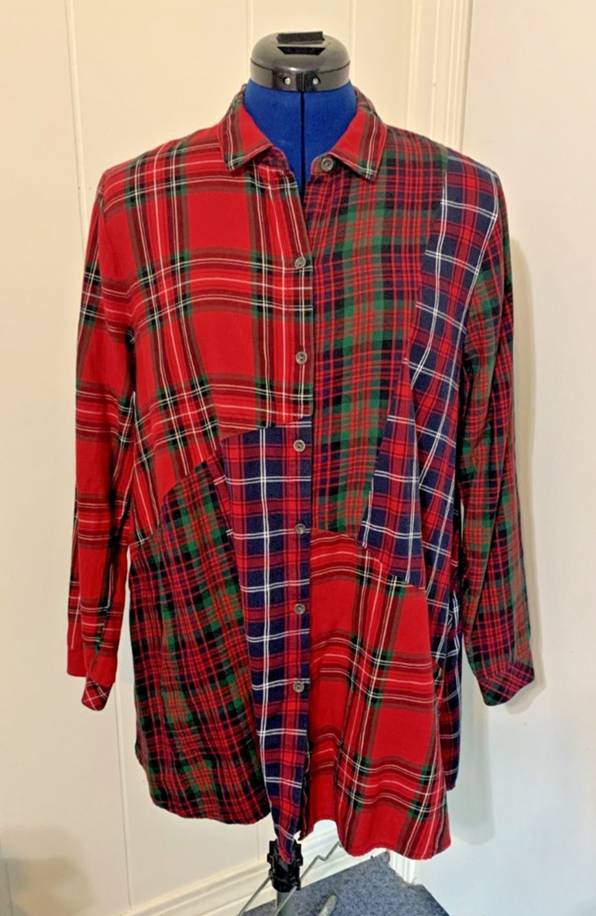 J Jill Red Mixed Buffallo Plaid Swing Button-Up Tunic Size Large Petite LP